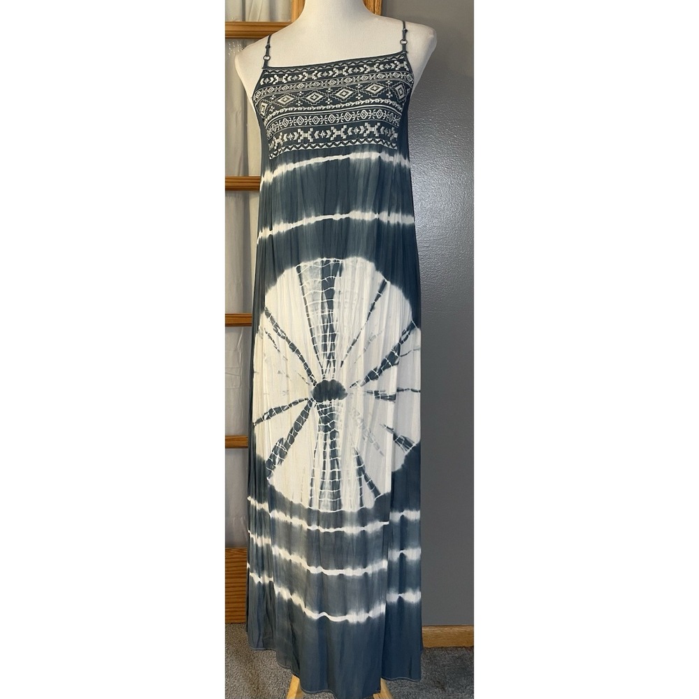 Andree Tie Dyed Maxi Slip Dress Sz M Blue White Embroidery Boho Beach Coastal
